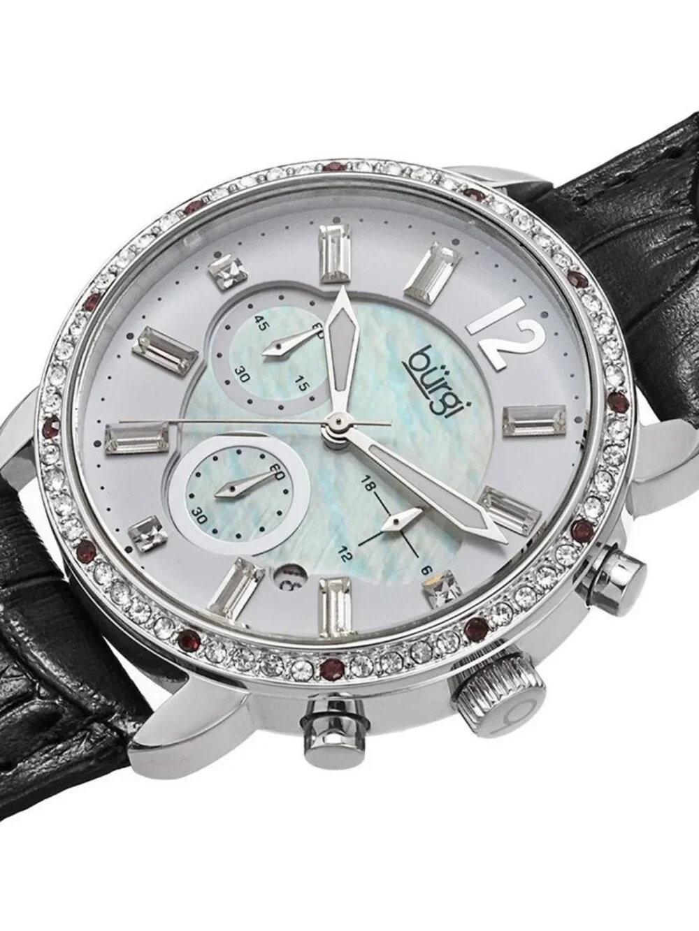 NWT Burgi Crystal Chronograph Black Leather Mother of Pearl Dial Ladies Watch